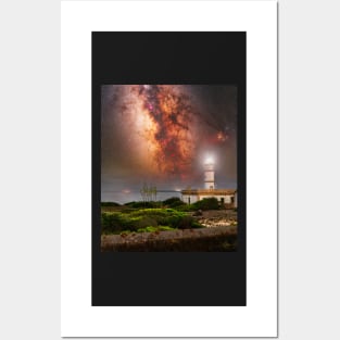 Lighthouse on the edge of Mallorca island with a magnificent Milky Way view Posters and Art